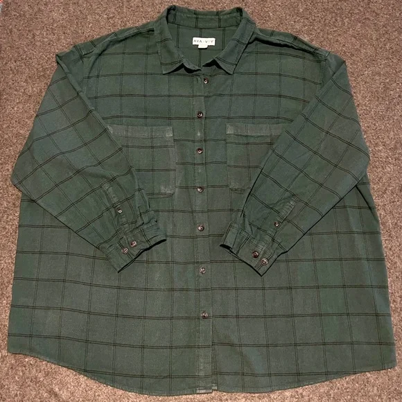 Ava & Viv green plaid checkered flannel 2X plus sz. button up - Picture 2 of 7